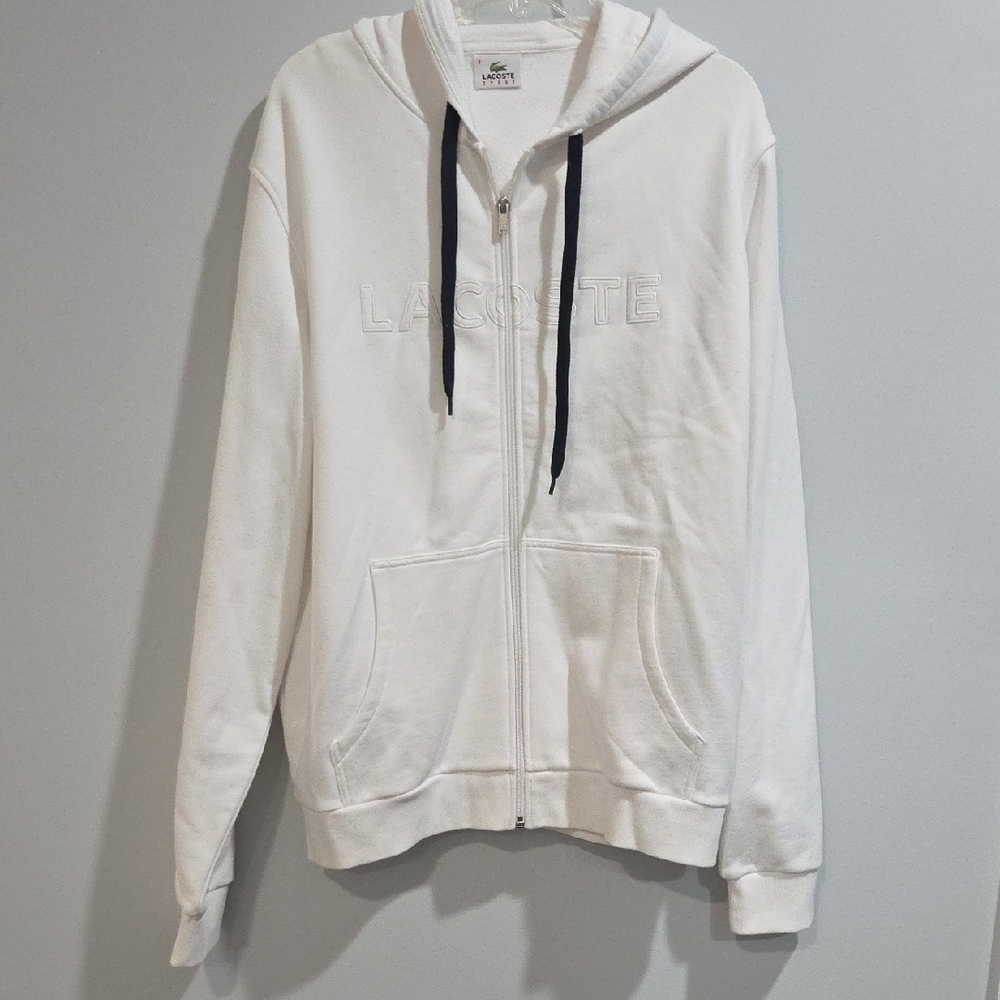 Lacoste White Zip-Up Hoodie with Black Accents Sz6 (XL) Gentle Used